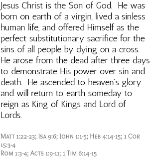 Jesus Christ is the Son of God. He was born on earth of a virgin, lived a sinless human life, and offered Himself as the perfect substitutionary sacrifice for the sins of all people by dying on a cross. He arose from the dead after three days to demonstrate His power over sin and death. He ascended to heaven's glory and will return to earth someday to reign as King of Kings and Lord of Lords. Matt 1:22-23; Isa 9:6; John 1:1-5; Heb 4:14-15; 1 Cor 15:3-4 Rom 1:3-4; Acts 1:9-11; 1 Tim 6:14-15